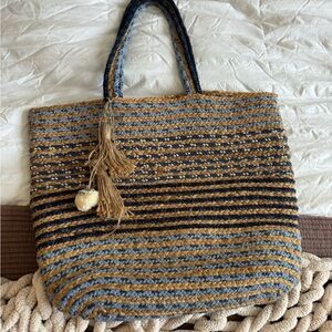 BEACH Striped Tan and Blue Woven Tote Bag
